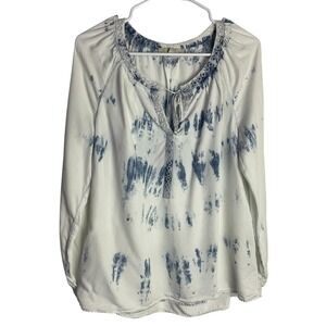 Vintage America Blues Womens Tie Dye Blouse Size S White Boho Embroidered Neck